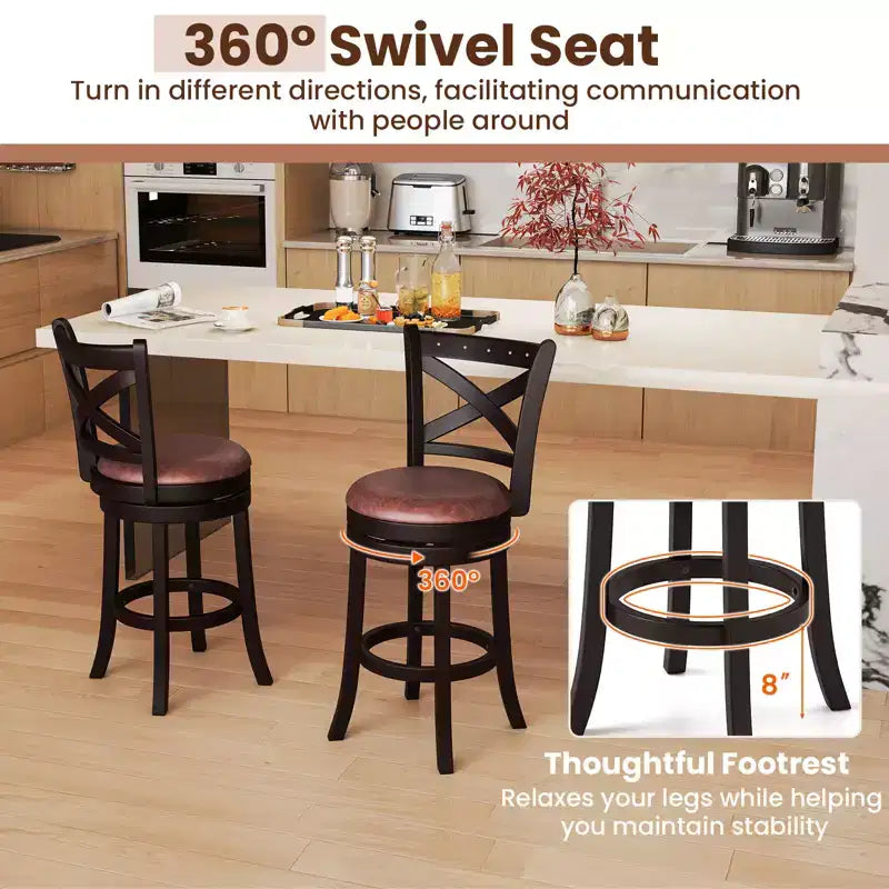 Costway 26 Swivel Bar Stools Set of 2 Footrest & Rubber Wood Frame for Kitchen Island
