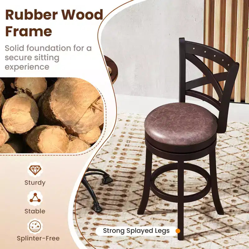 Costway 26 Swivel Bar Stools Set of 2 Footrest & Rubber Wood Frame for Kitchen Island