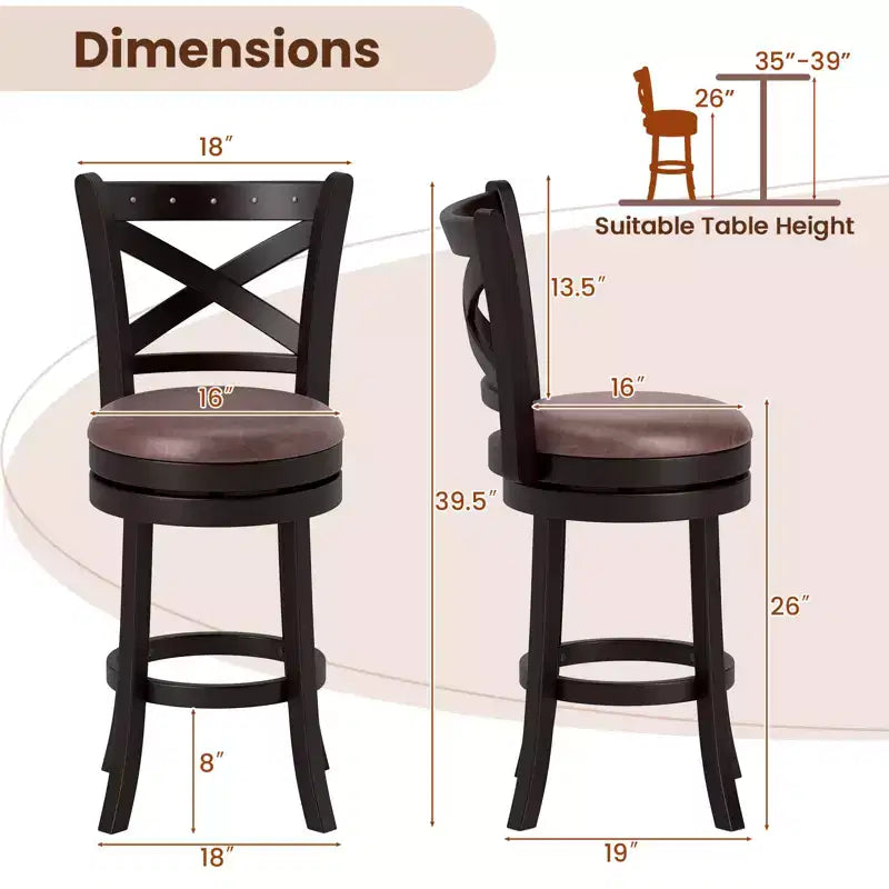 Costway 26 Swivel Bar Stools Set of 2 Footrest & Rubber Wood Frame for Kitchen Island