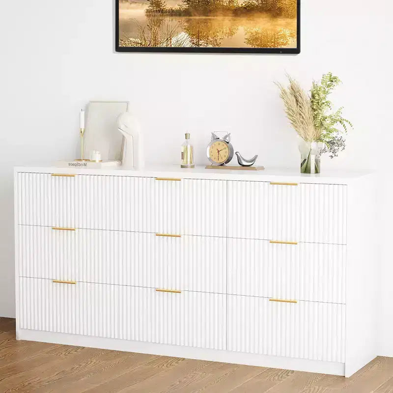 9-Drawer Fluted Dresser, Large Capacity Wood Storage Organizer with Anti-Tip Design, Retro Bedroom Dresser & Nightstand for Hallway & Entryway