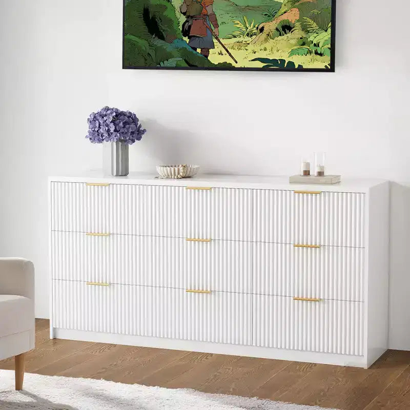 9-Drawer Fluted Dresser, Large Capacity Wood Storage Organizer with Anti-Tip Design, Retro Bedroom Dresser & Nightstand for Hallway & Entryway