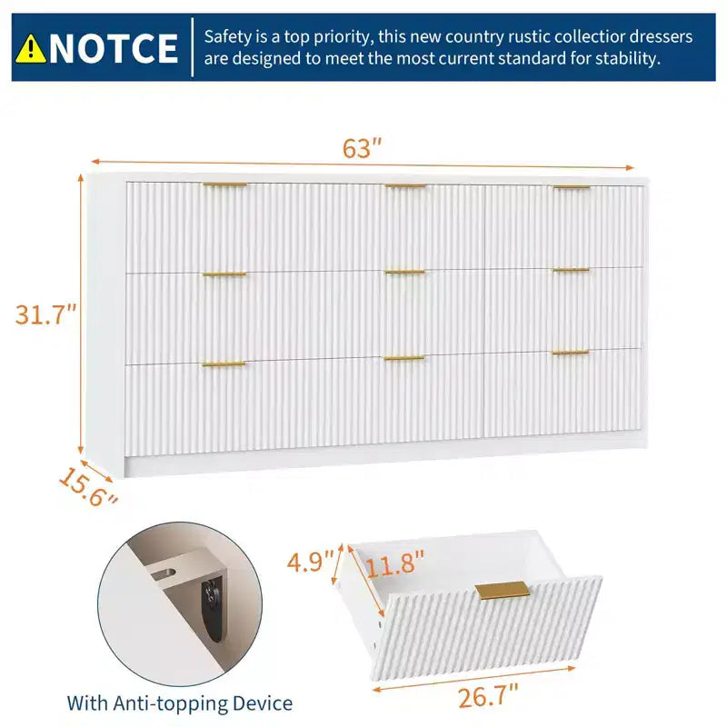 9-Drawer Fluted Dresser, Large Capacity Wood Storage Organizer with Anti-Tip Design, Retro Bedroom Dresser & Nightstand for Hallway & Entryway