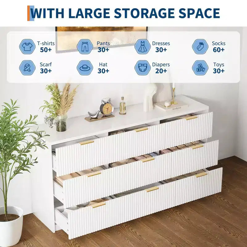 9-Drawer Fluted Dresser, Large Capacity Wood Storage Organizer with Anti-Tip Design, Retro Bedroom Dresser & Nightstand for Hallway & Entryway