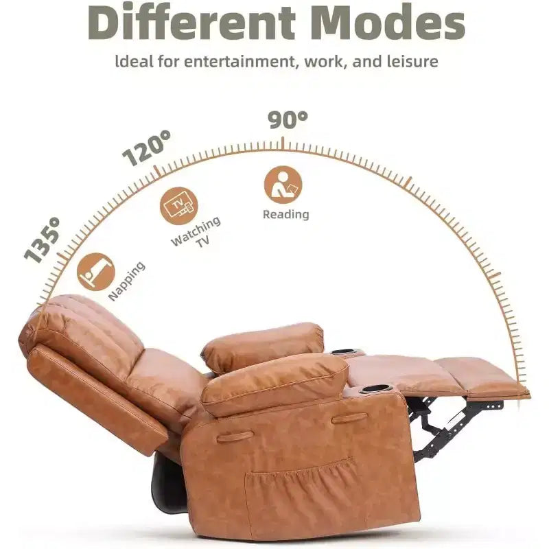 Recliner Chair, PU Leather Reading Recliner with Heat & Massage, Soft Lazy Boy Recliner Chair with 2 Cup Holders for Living Room, Bedrooms Nurseries