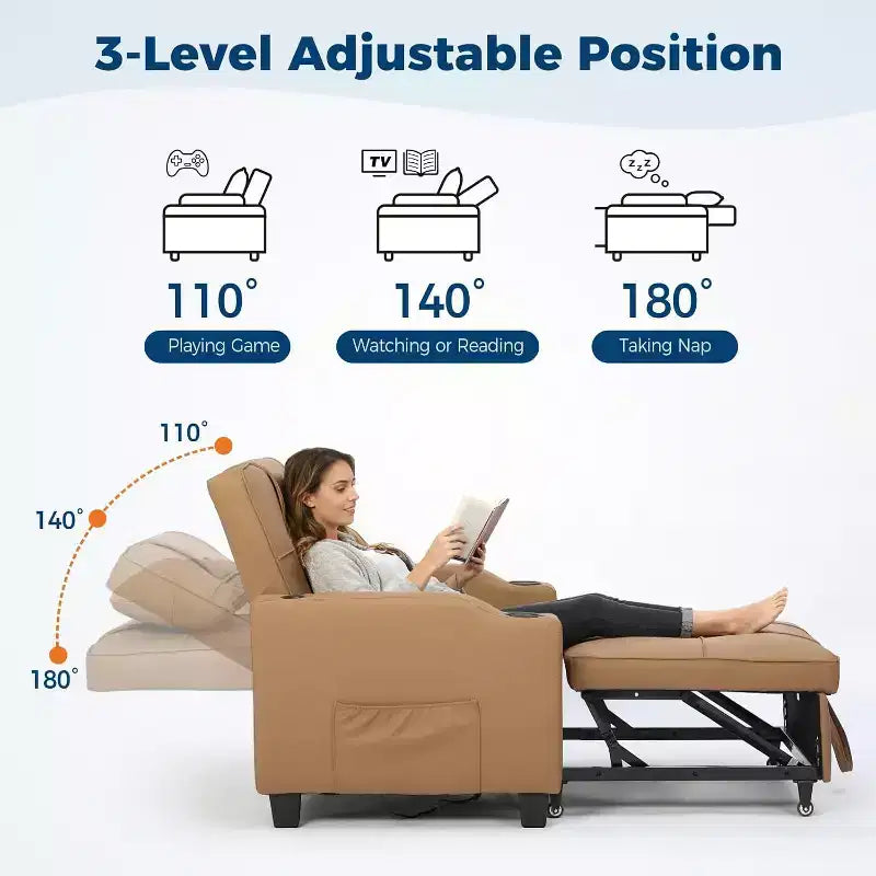 3-in-1 Convertible Sofa Bed ChairPull-Out Sleeper with Adjustable Backrest, USB Charging Port, Cup Holders & Side Pockets, for Living Room Bedroom