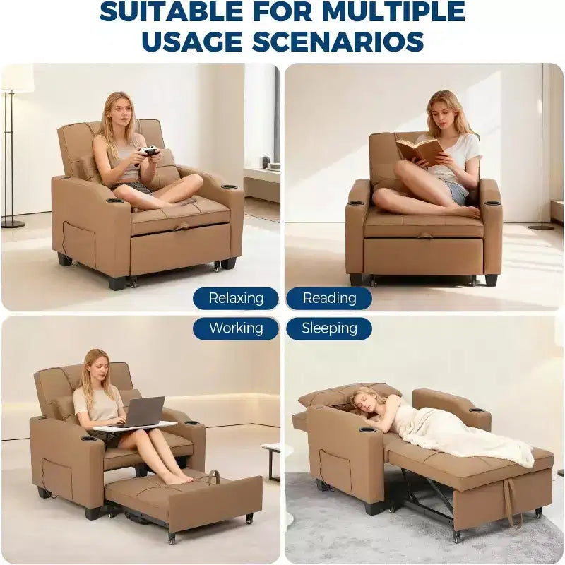3-in-1 Convertible Sofa Bed ChairPull-Out Sleeper with Adjustable Backrest, USB Charging Port, Cup Holders & Side Pockets, for Living Room Bedroom