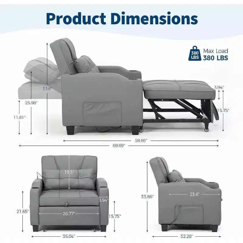 3-in-1 Convertible Sofa Bed ChairPull-Out Sleeper with Adjustable Backrest, USB Charging Port, Cup Holders & Side Pockets, for Living Room Bedroom