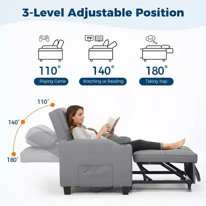 3-in-1 Convertible Sofa Bed ChairPull-Out Sleeper with Adjustable Backrest, USB Charging Port, Cup Holders & Side Pockets, for Living Room Bedroom