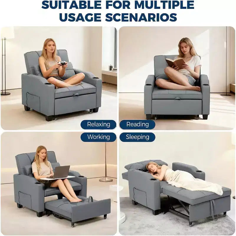 3-in-1 Convertible Sofa Bed ChairPull-Out Sleeper with Adjustable Backrest, USB Charging Port, Cup Holders & Side Pockets, for Living Room Bedroom