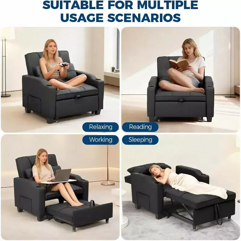 3-in-1 Convertible Sofa Bed ChairPull-Out Sleeper with Adjustable Backrest, USB Charging Port, Cup Holders & Side Pockets, for Living Room Bedroom