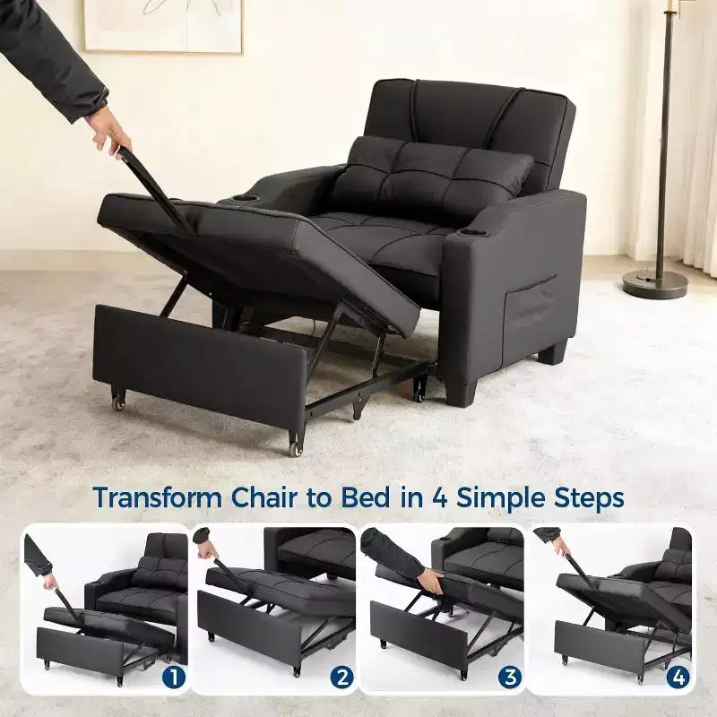 3-in-1 Convertible Sofa Bed ChairPull-Out Sleeper with Adjustable Backrest, USB Charging Port, Cup Holders & Side Pockets, for Living Room Bedroom