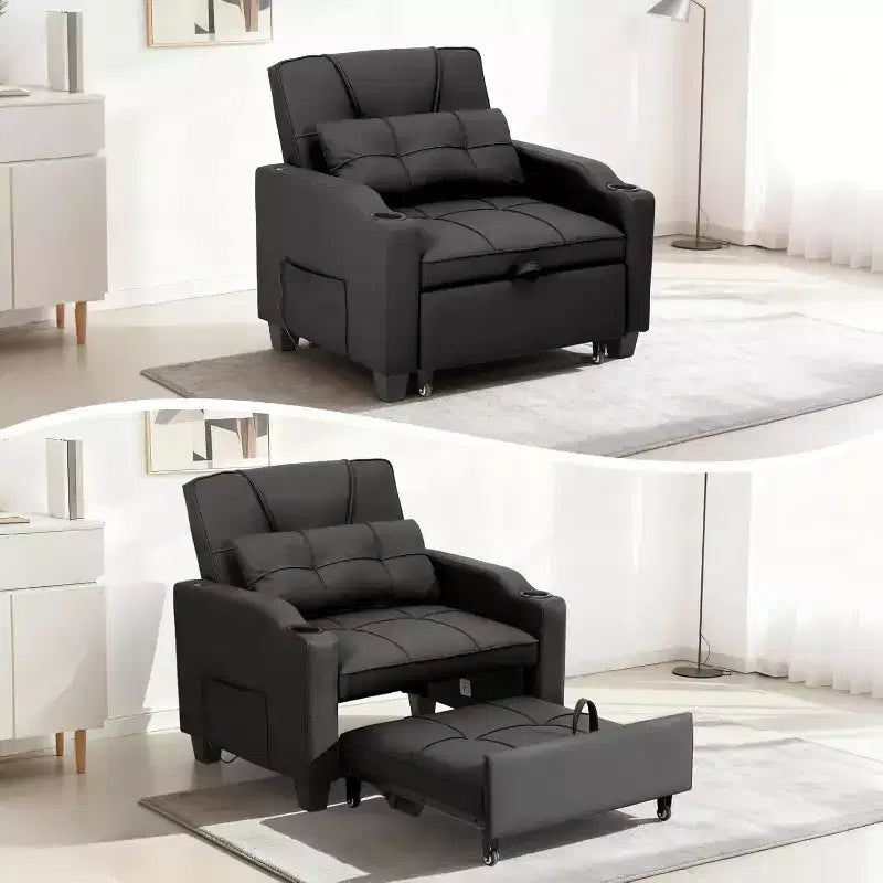 3-in-1 Convertible Sofa Bed ChairPull-Out Sleeper with Adjustable Backrest, USB Charging Port, Cup Holders & Side Pockets, for Living Room Bedroom
