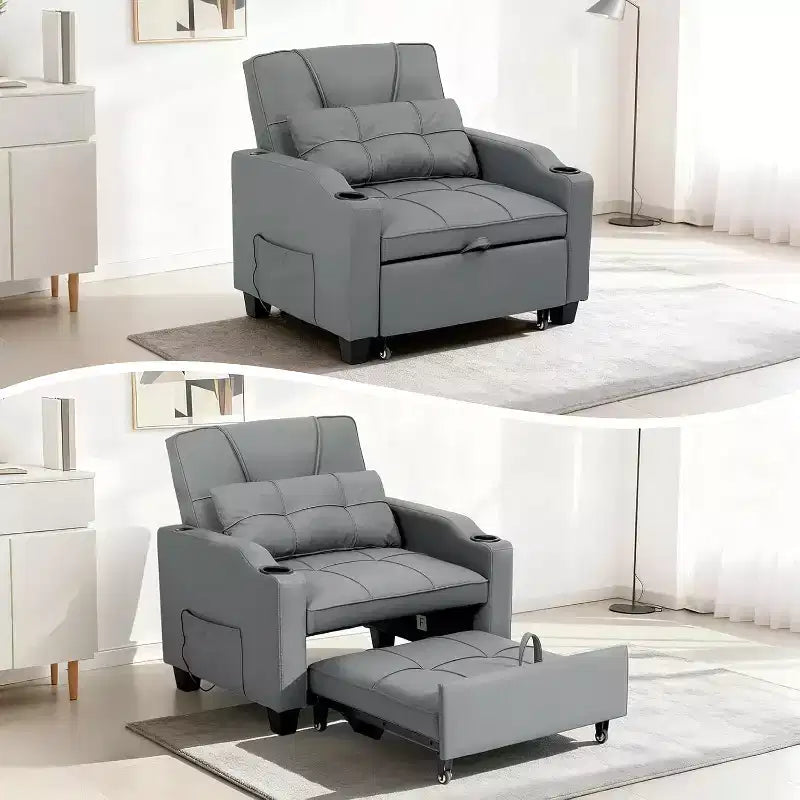 3-in-1 Convertible Sofa Bed ChairPull-Out Sleeper with Adjustable Backrest, USB Charging Port, Cup Holders & Side Pockets, for Living Room Bedroom