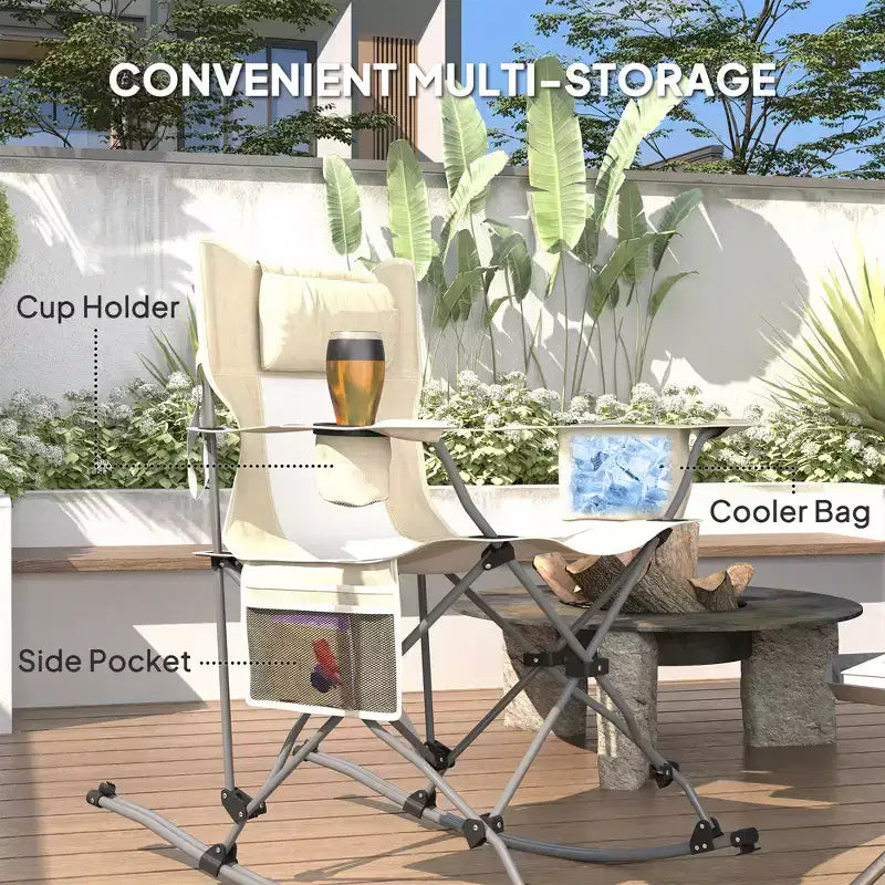 Folding Rocking Camping Chairs, Portable Chairs with Headrest, Cooler Bag, Cup Holder, Carry Bag, 2 Pack