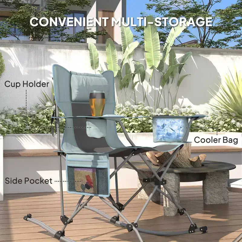 Folding Rocking Camping Chairs, Portable Chairs with Headrest, Cooler Bag, Cup Holder, Carry Bag, 2 Pack