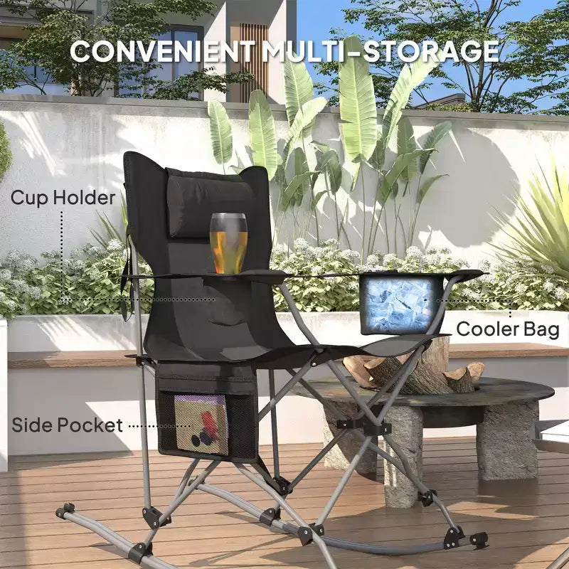 Folding Rocking Camping Chairs, Portable Chairs with Headrest, Cooler Bag, Cup Holder, Carry Bag, 2 Pack