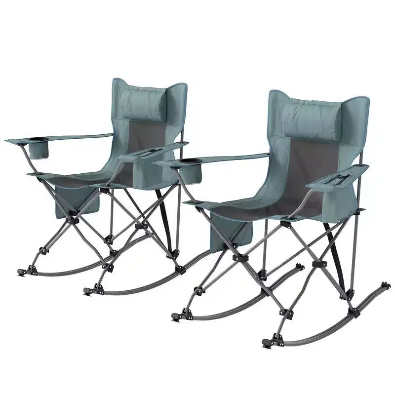 Folding Rocking Camping Chairs, Portable Chairs with Headrest, Cooler Bag, Cup Holder, Carry Bag, 2 Pack
