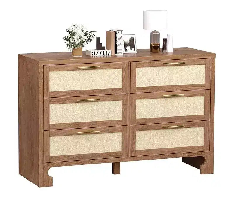 6 Drawer Wooden Dresser Chest for Bedroom, Storage Organizer with Gold Handles, Farmhouse Nightstand for Living Room and Entryway