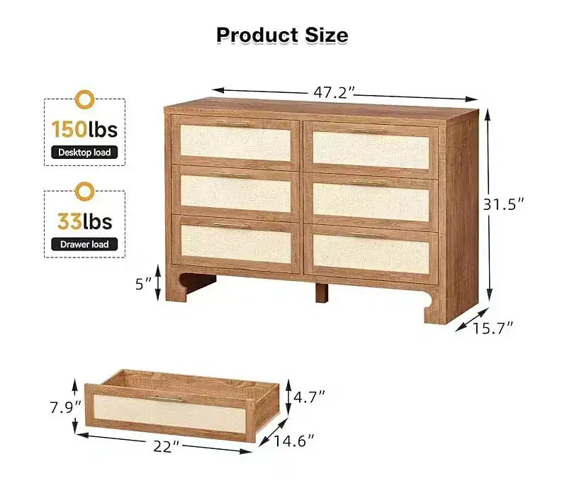 6 Drawer Wooden Dresser Chest for Bedroom, Storage Organizer with Gold Handles, Farmhouse Nightstand for Living Room and Entryway