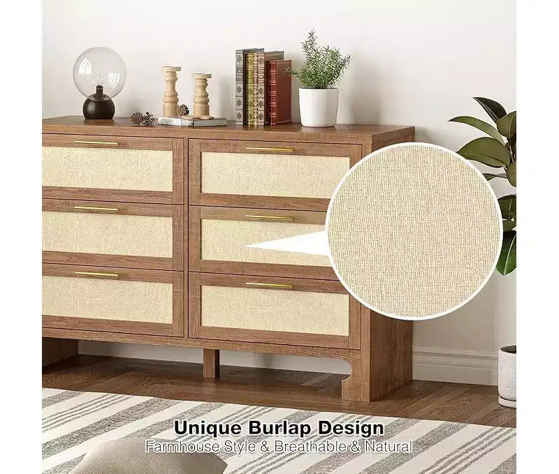 6 Drawer Wooden Dresser Chest for Bedroom, Storage Organizer with Gold Handles, Farmhouse Nightstand for Living Room and Entryway