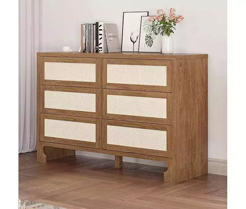 6 Drawer Wooden Dresser Chest for Bedroom, Storage Organizer with Gold Handles, Farmhouse Nightstand for Living Room and Entryway