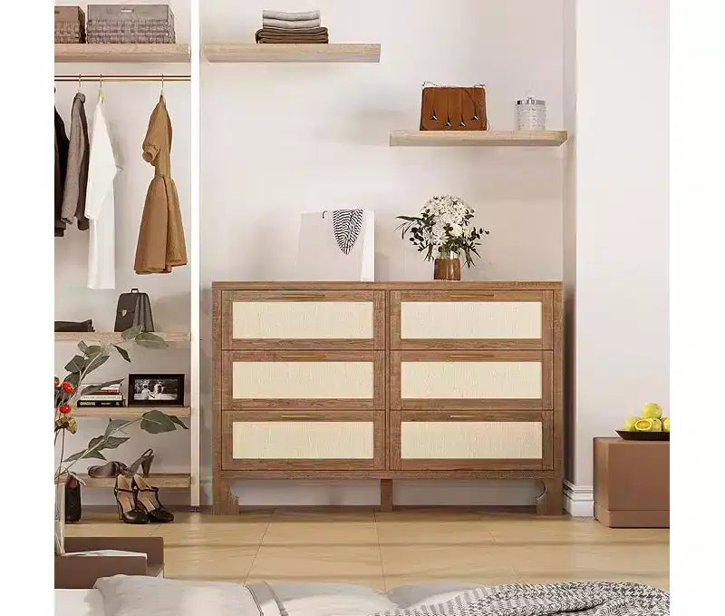 6 Drawer Wooden Dresser Chest for Bedroom, Storage Organizer with Gold Handles, Farmhouse Nightstand for Living Room and Entryway