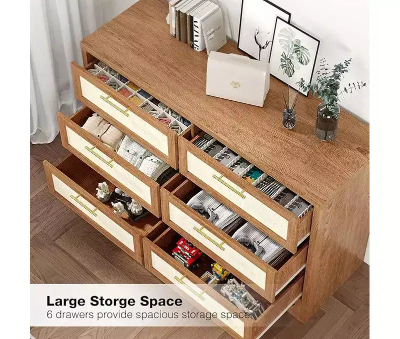 6 Drawer Wooden Dresser Chest for Bedroom, Storage Organizer with Gold Handles, Farmhouse Nightstand for Living Room and Entryway