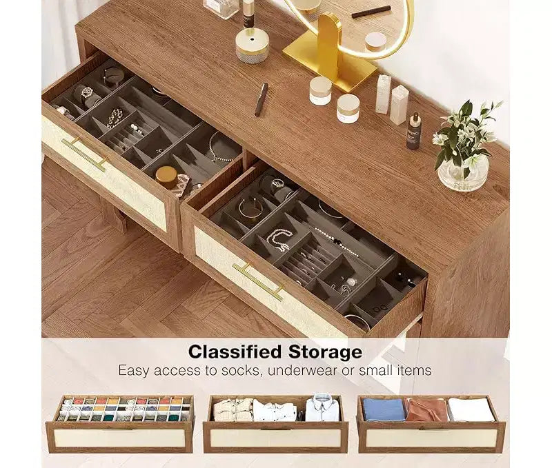 6 Drawer Wooden Dresser Chest for Bedroom, Storage Organizer with Gold Handles, Farmhouse Nightstand for Living Room and Entryway