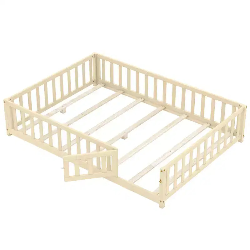 Costway Full Size Floor Bed Montessori Bed Frame w/ Full-length Guardrails & Safety Door