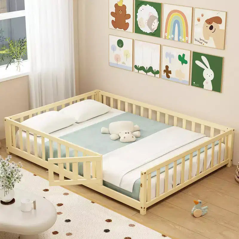 Costway Full Size Floor Bed Montessori Bed Frame w/ Full-length Guardrails & Safety Door