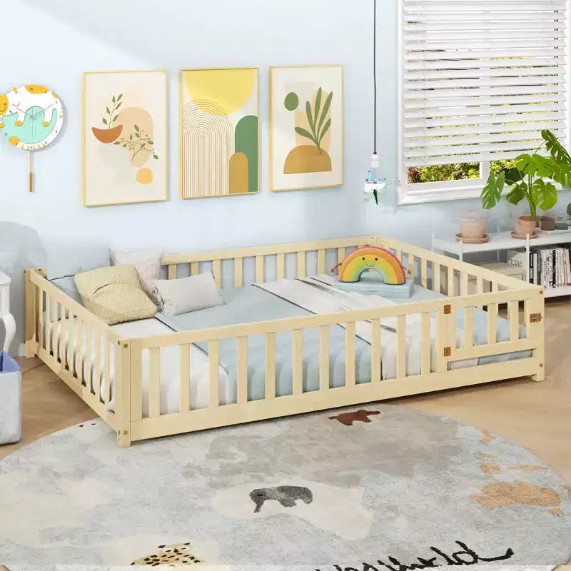Costway Full Size Floor Bed Montessori Bed Frame w/ Full-length Guardrails & Safety Door