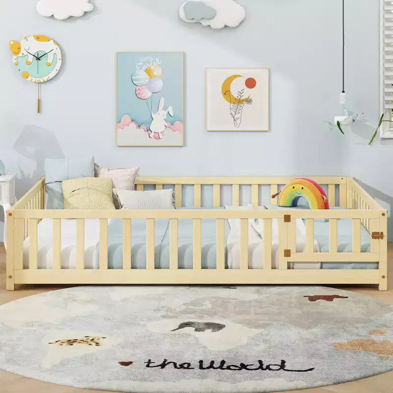 Costway Full Size Floor Bed Montessori Bed Frame w/ Full-length Guardrails & Safety Door