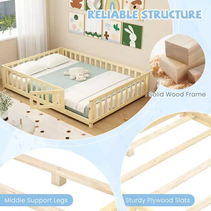 Costway Full Size Floor Bed Montessori Bed Frame w/ Full-length Guardrails & Safety Door