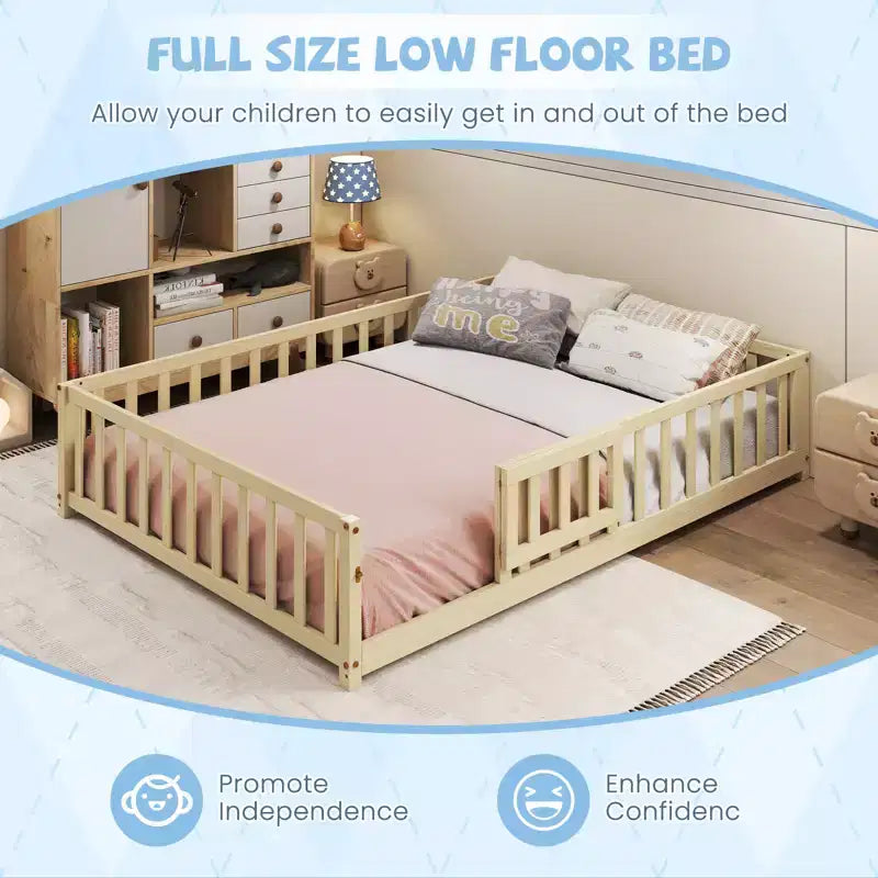 Costway Full Size Floor Bed Montessori Bed Frame w/ Full-length Guardrails & Safety Door
