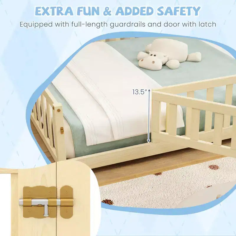 Costway Full Size Floor Bed Montessori Bed Frame w/ Full-length Guardrails & Safety Door