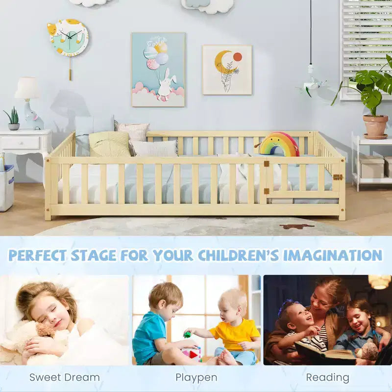 Costway Full Size Floor Bed Montessori Bed Frame w/ Full-length Guardrails & Safety Door