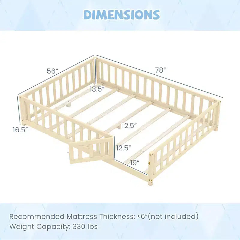Costway Full Size Floor Bed Montessori Bed Frame w/ Full-length Guardrails & Safety Door