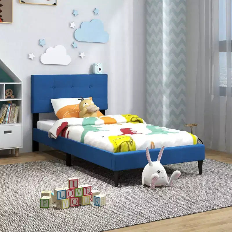 Costway Twin Upholstered Platform Bed Mattress Foundation Button Tufted Headboard