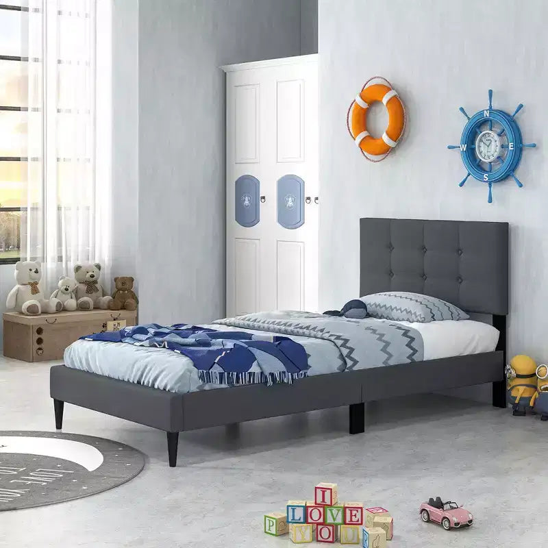 Costway Twin Upholstered Platform Bed Mattress Foundation Button Tufted Headboard