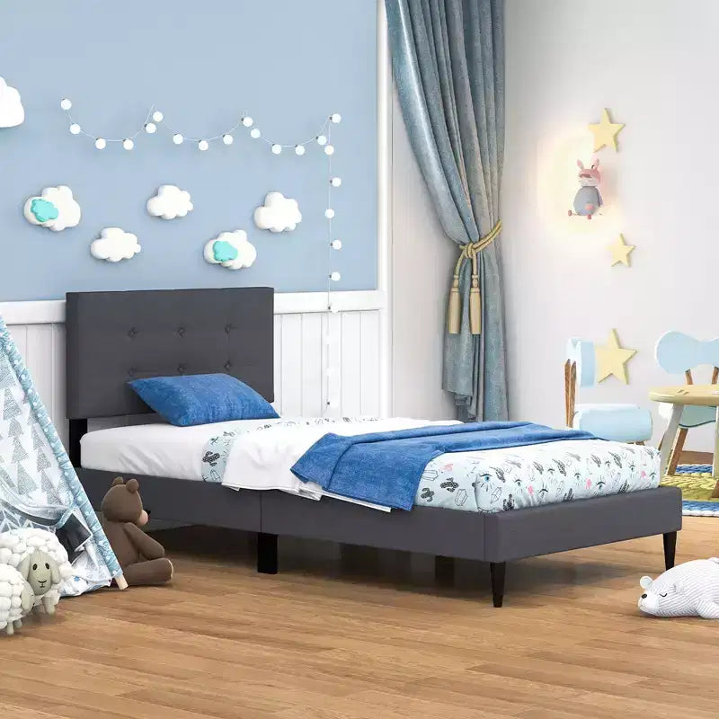 Costway Twin Upholstered Platform Bed Mattress Foundation Button Tufted Headboard