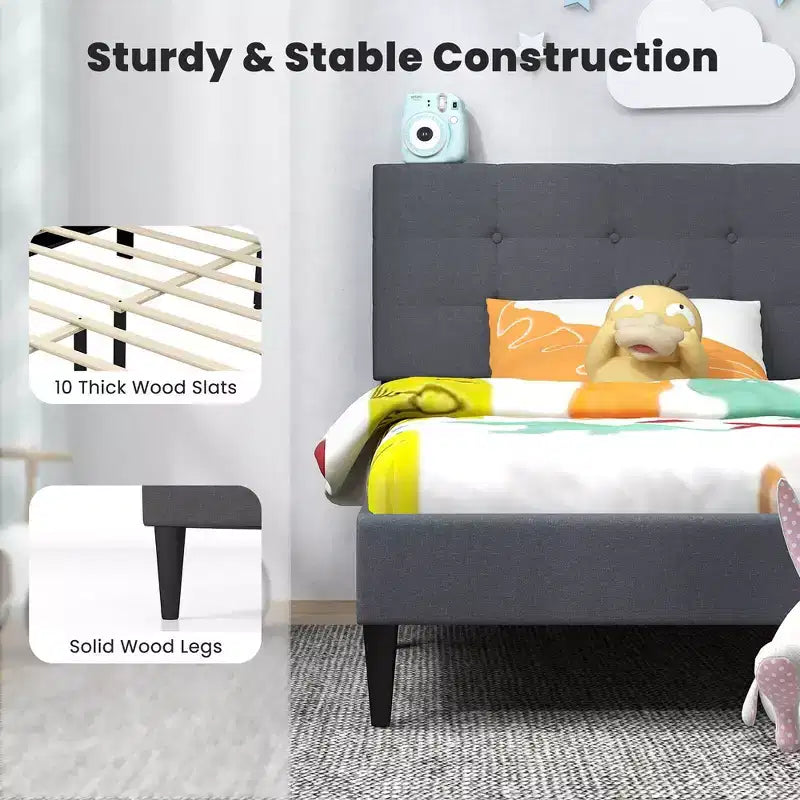 Costway Twin Upholstered Platform Bed Mattress Foundation Button Tufted Headboard