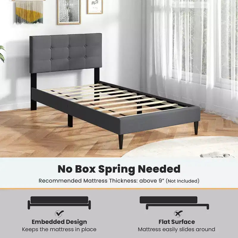 Costway Twin Upholstered Platform Bed Mattress Foundation Button Tufted Headboard
