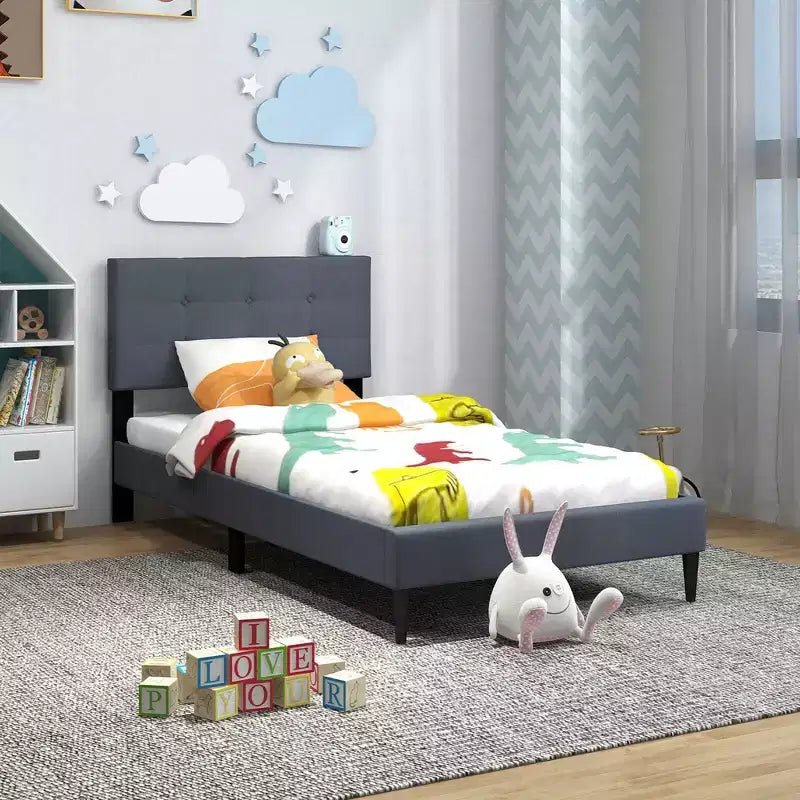 Costway Twin Upholstered Platform Bed Mattress Foundation Button Tufted Headboard