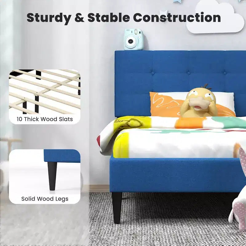 Costway Twin Upholstered Platform Bed Mattress Foundation Button Tufted Headboard