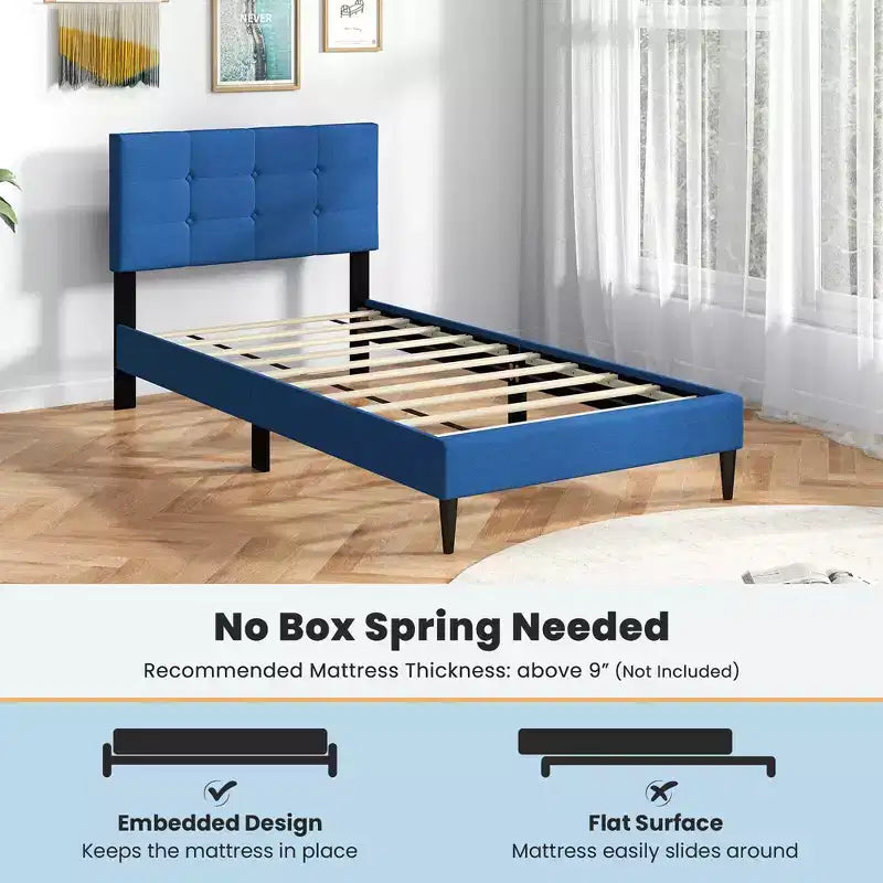 Costway Twin Upholstered Platform Bed Mattress Foundation Button Tufted Headboard