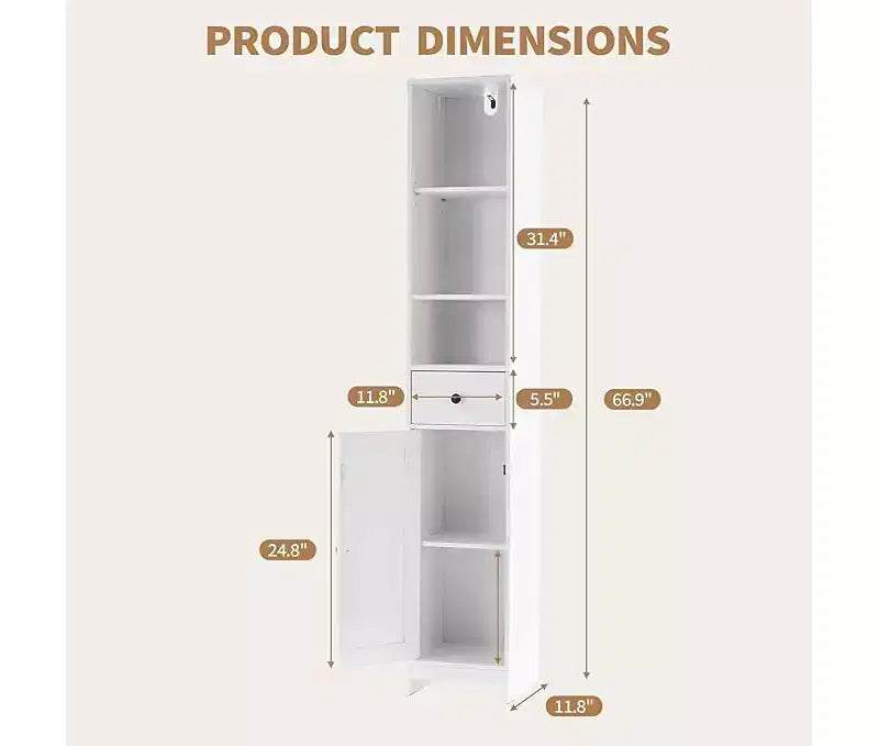 Space Saving Tall Cabinet 66.9 Inch High Narrow Storage Cabinet with Doors and Drawer for Bathroom Living Room, Black
