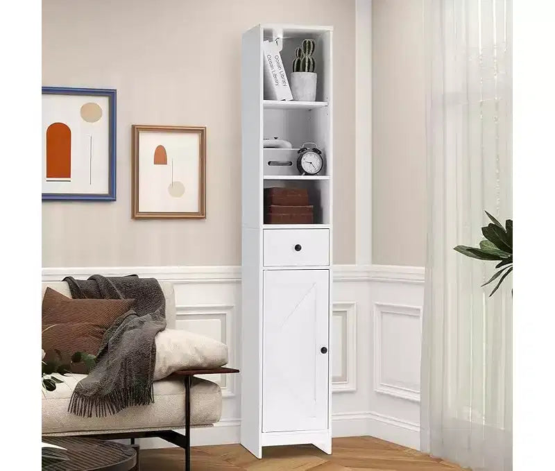 Space Saving Tall Cabinet 66.9 Inch High Narrow Storage Cabinet with Doors and Drawer for Bathroom Living Room, Black
