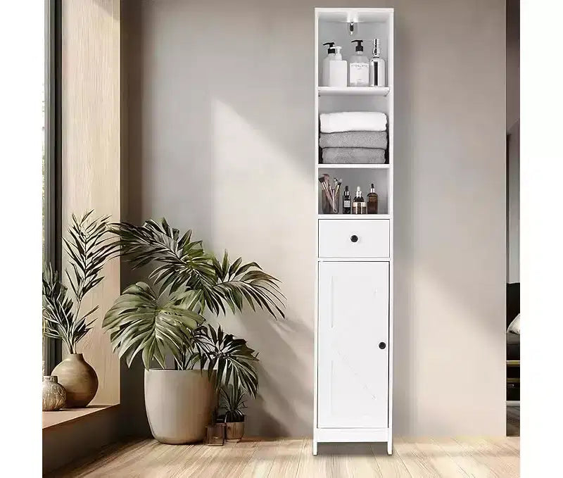 Space Saving Tall Cabinet 66.9 Inch High Narrow Storage Cabinet with Doors and Drawer for Bathroom Living Room, Black