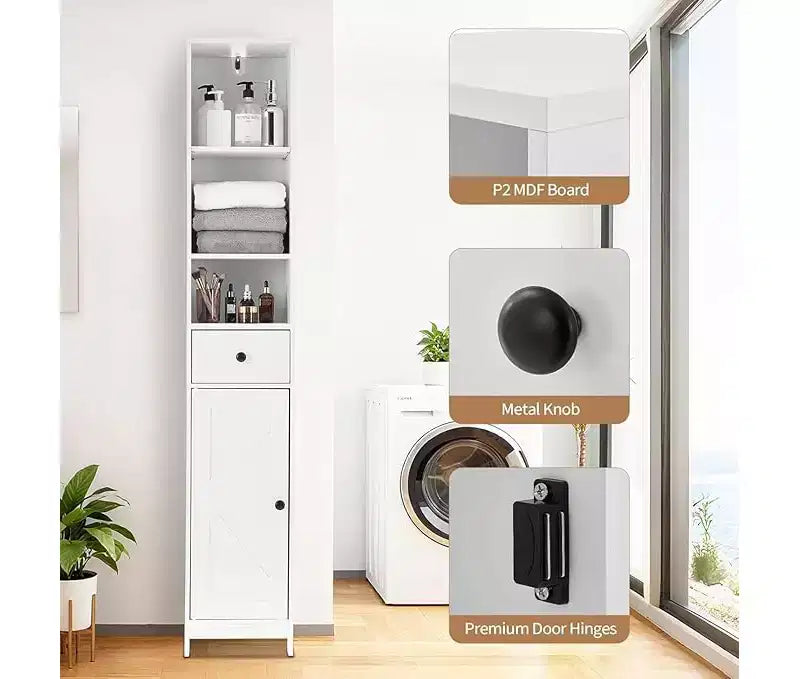 Space Saving Tall Cabinet 66.9 Inch High Narrow Storage Cabinet with Doors and Drawer for Bathroom Living Room, Black