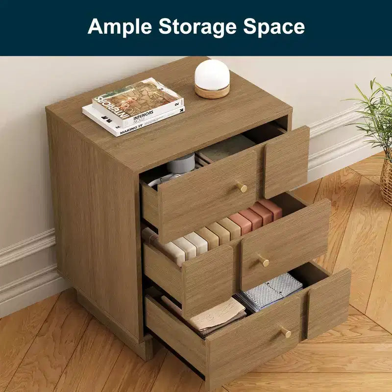 Heynemo 3-Drawer Bedside Table: Strong Wood Nightstand, Holds 110LBS, for Bedroom, Living Room, Office, Natural Oak Finish